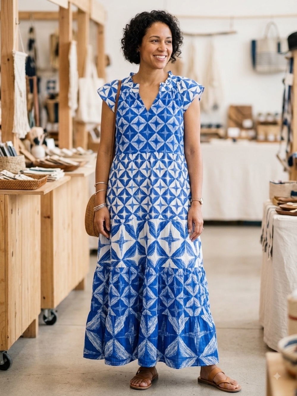 Wonderly Blue & White Geometric Tiered Maxi Dress